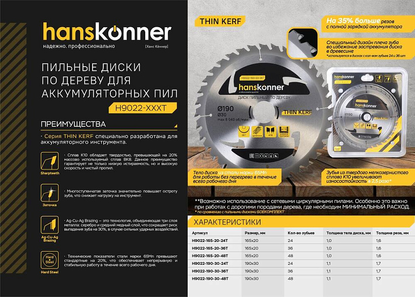 Диск пильный по дереву  Hanskonner THIN KERF 165x20 мм, 24 Z