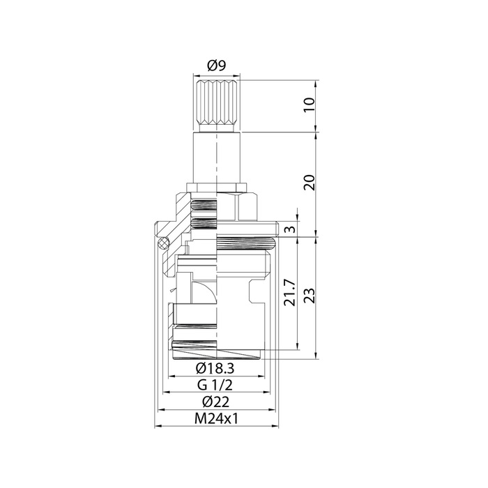 Кран-букса керамическая, 180°, 20 зубцов, G 1/2", M24, h=53 мм, IDDIS, 998CR531SM