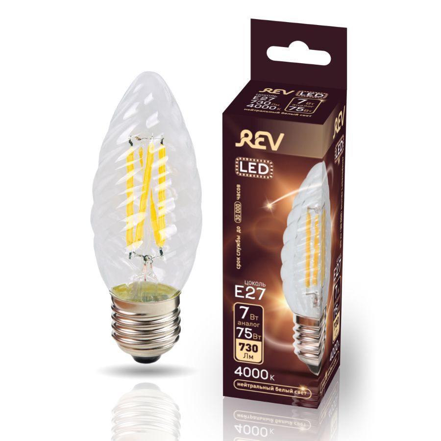 Светодиодная лампа REV Ritter LED FILAMENT свеча витая TC37 E27 7W, 4000K, DECO Premium, нейтральный