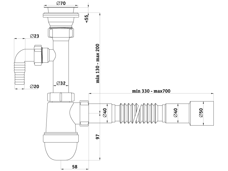 Сифон Ани 1 1/2" 40с отв. с/м с г/тр 40х40/50