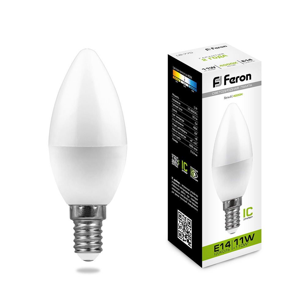 Лампа светодиодная FERON LB-770, C37 (свеча), 11W 230V E14 4000К