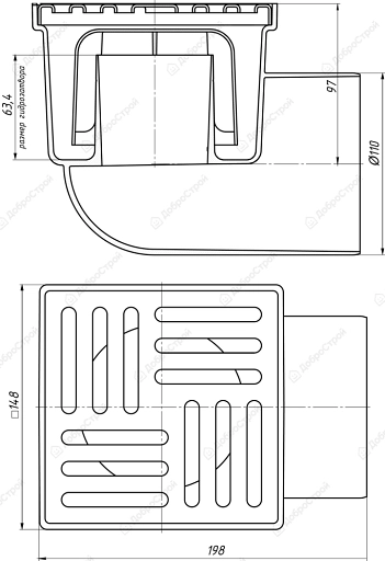 Трап горизонтальный d=110, нерегулируемый, с решеткой из нержавеющей стали 15x15см